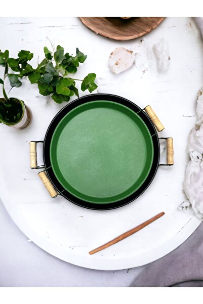 kitchen trend صينية تقديم الشاي والقهوة بمقبض خشبي مقاس 37 سم باللون الأسود و30 سم باللون الأخضر