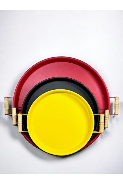 kitchen trend 3 Pieces 45,37,30 Cm Metal Tray with Wooden Handle Presentation Tray Set