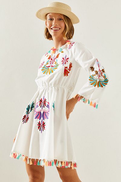 Bianco Lucci Embroidery Embroidered Women's Mini Dress - Elastic Waist, Tassel Sleeve and skirt 2198 60251630