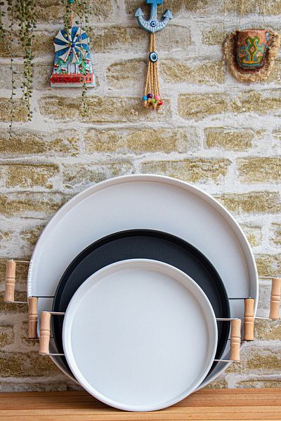 kitchen trend 3 Piece 45white, 37black, 30white Metal Tray with Wooden Handles Tea Tray Presentation Tray Set