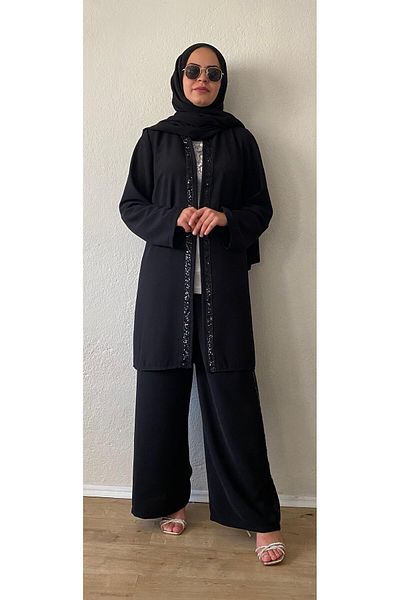 Samgülü XXL Black Crepe Women's Jacket - Sequin Detailed and Banded