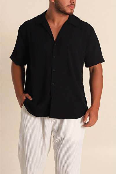 FUWEAR Cămașă neagră pentru bărbați - Mânecă scurtă, guler Apaj, Ayrobin