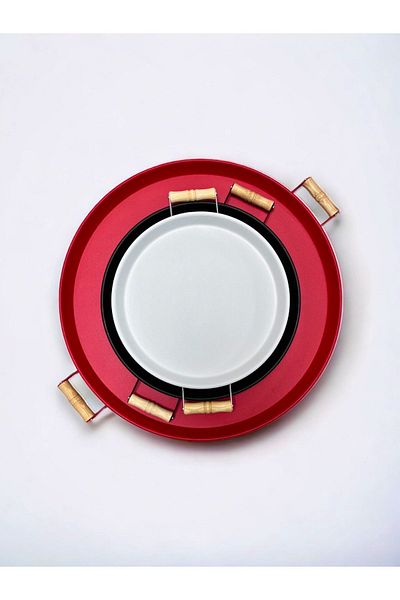 kitchen trend 3 Piece Metal Tray with Wooden Handles Tea Tray Coffee Tray Presentation Tray Set (RED,BLACK,WHITE)