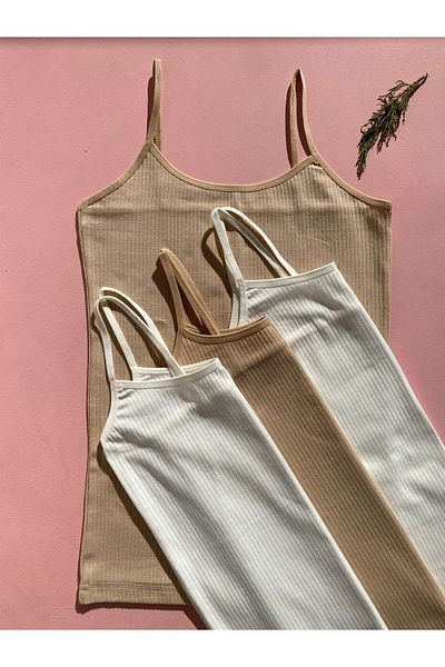 LEYNA BUTİK Corduroy, Cotton, Lycra, 4 Women's Rope Strap Ribbed Undershirt (2 Skin - 2 Ecru)