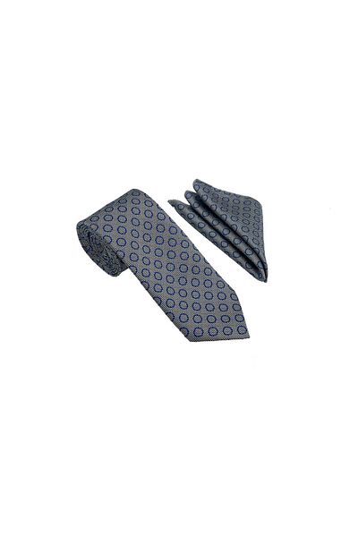 Brianze Patterned Gray Blue Tie and Handkerchief Set