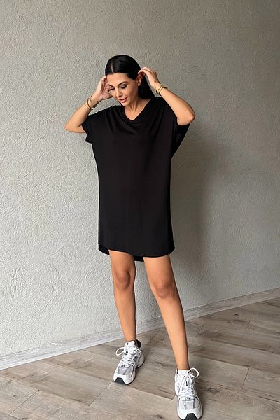 Seda Yalçın Atelier Black V-Neck Bat Sleeve T-Shirt Dress