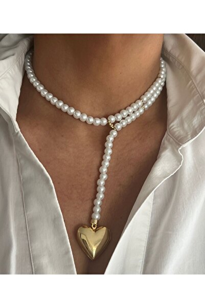 tones official قلادة من اللؤلؤ على شكل قلب - صفوف مزدوجة وقلادة بغطاء قابل للطي