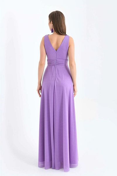 Neşeli Butik Lilac V-Neck Glittery Tulle Evening Dress - Women's Dress NBS9223