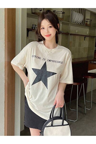 EDVESS Star Patterned White T-Shirt Unisex Relax T-Shirt Star Pattern Drop Sh...