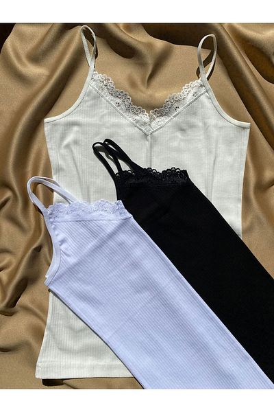 LEYNA BUTİK Women's 3 Pieces Lace Cotton Corded V-Neck Undershirt (Black-White-Ecru)