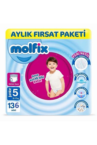Molfix Pants Baby Diapers Size 5 Junior Monthly Advantage Package 136 Pieces (68 X 2)