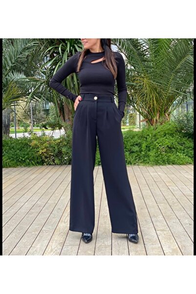 KAROL Siyah arka beli lastikli palazzo pantolon