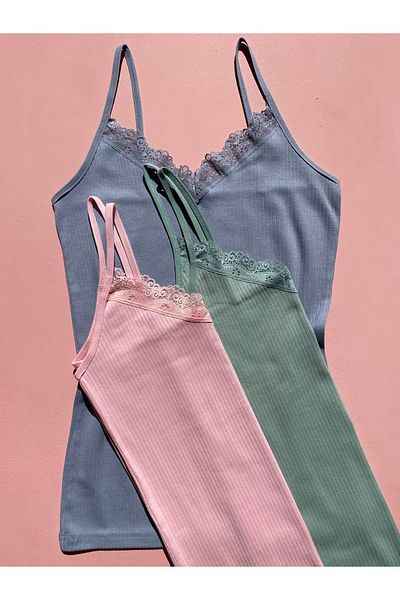 LEYNA BUTİK Women's 3 Pieces Lace Cotton Ribbed V-Neck Undershirt (Blue-Green-Pink)