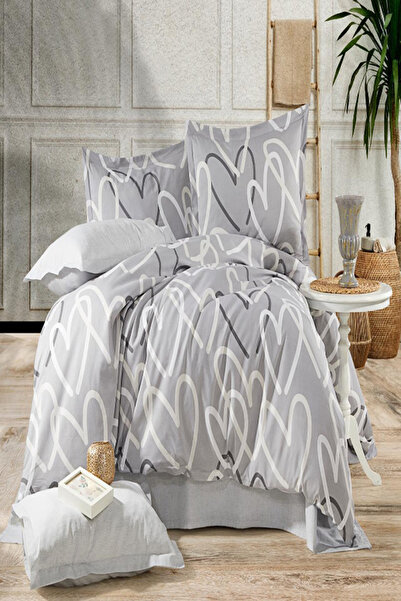 eco concept طقم غطاء لحاف قلب رمادي مزدوج - قلب مخطط وقابل للغسل 4 قطع