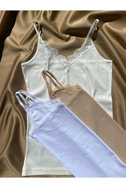 LEYNA BUTİK Жіночі 3 бавовняні майки з мереживом і V-подібним вирізом (білий-...