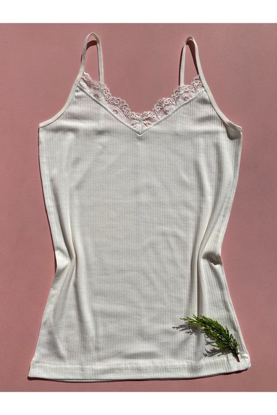 LEYNA BUTİK Women's 4 Pieces Ecru Thread Strap Cotton, Lycra, Lace, Corded Ribbed Blouse-Athlete