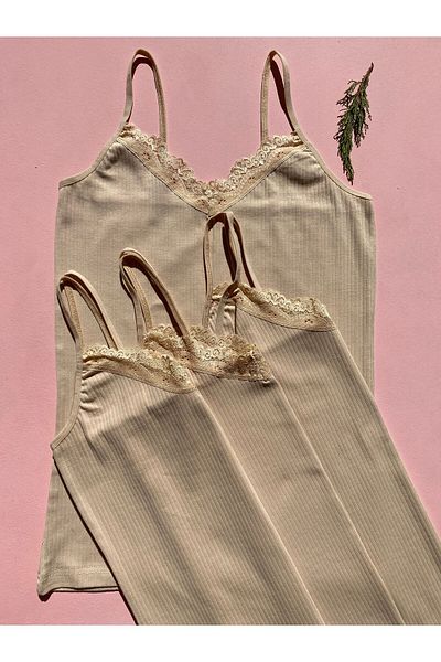 LEYNA BUTİK Women's 4 Pieces Skin Colored Thread Strap Cotton, Lycra, Lace, Ribbed Ribbed Blouse-Athlete