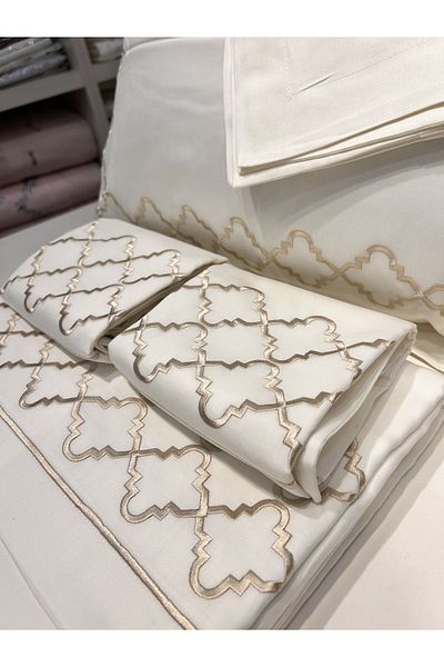 incisecrethome Duvet Cover Set Double, Embroidered Cotton Satin Duvet Cover Set Consist of 6 Pieces