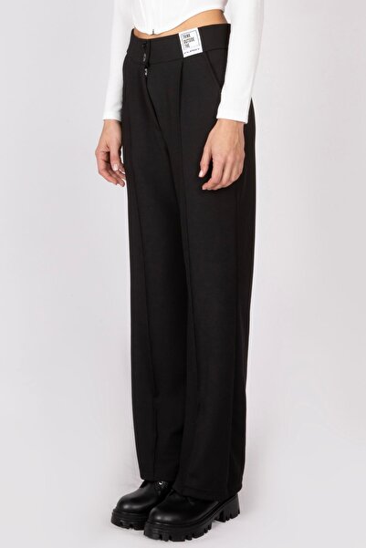 FLAST Women's Black High Waist Front Stitching Striped Wide Leg Premium Regular Palazzo Trousers