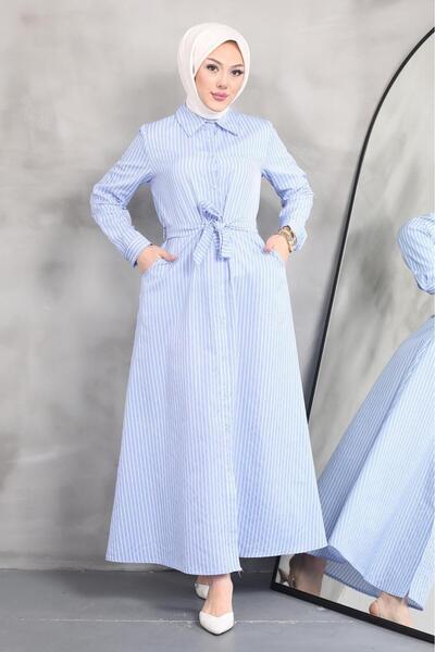 TESETTÜR MÜJDE MERVE Çizgili Poplin Elbise BEBE MAVİSİ