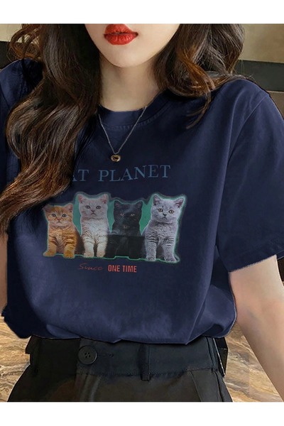 over head oh Tricou oversize pentru femei cu model Cat Planet bleumarin