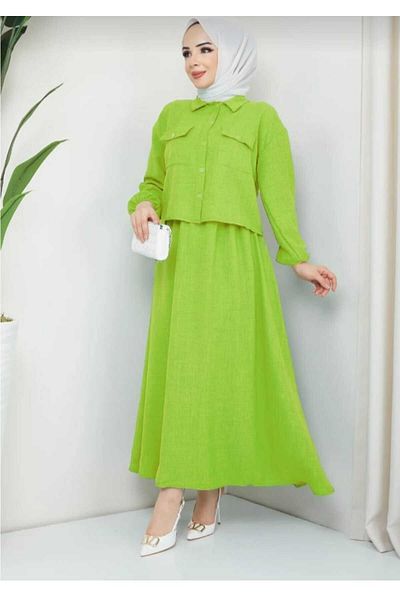 ECK MODA Women's Pocket Detail Linen Fabric Skirted Bottom and Top Set