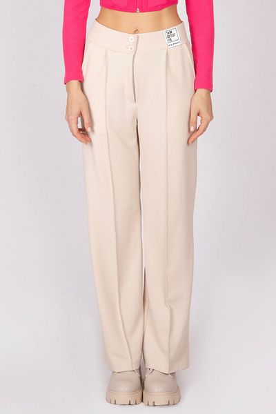 FLAST Women's Beige High Waist Stitching Front Striped Wide Leg Premium Regular Palazzo Trousers