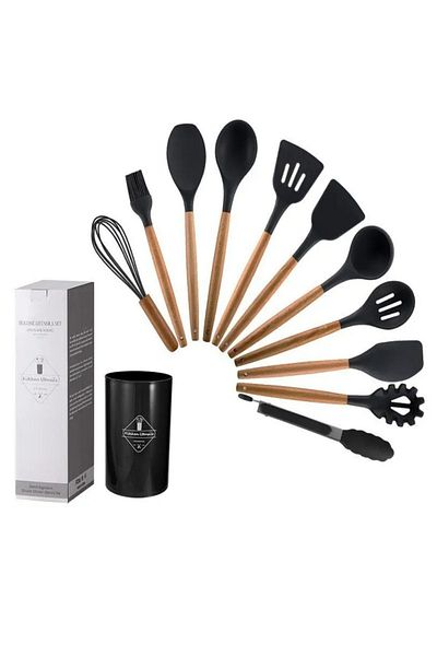 safestore 12 Pieces Wooden Handle Silicone Kitchen Pastry Silicone Ladle Beater Brush Colander Spoon Holder Tongs Spatula Set