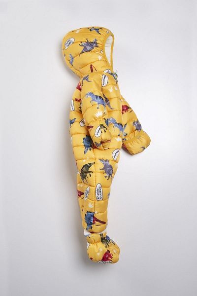 PODİUM GİYİM Dinosaur Patterned Yellow Winter Hooded Cosmonaut Jumpsuit with Removable Feet and Hidden Gloves
