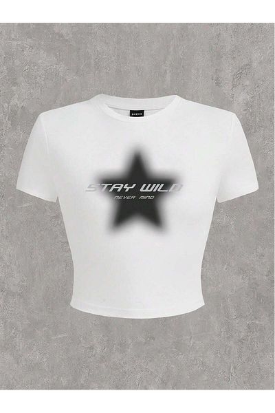 Bengi Clothing Λευκό εμπριμέ γυναικείο Crop Top - Y2k κοντομάνικη μπλούζα