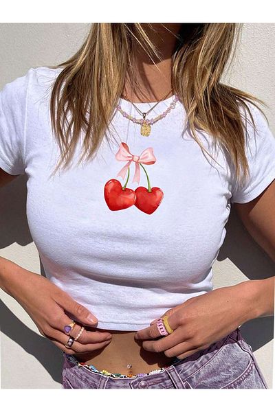 Bengi Clothing Crop Top pentru femei cu imprimeu alb - Bluză cu mânecă scurtă Y2k
