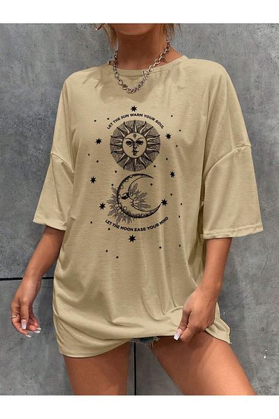 MODARİCH Sun Soul T-Shirt - Μπεζ με στάμπα Oversize Crew λαιμόκοψη κοντό μανίκι φαρδύ