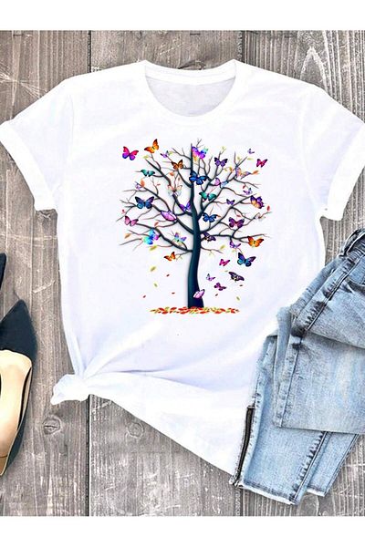 MODARİCH Μπλουζάκι Butterfly Tree - Λευκό εμπριμέ Oversize Crew λαιμόκοψη κοντό μανίκι
