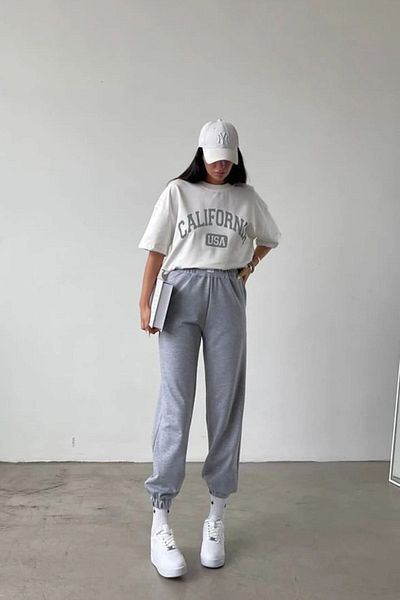 MODARİCH California USA Λευκό T-Shirt Γκρι Sweatpants Jogger -T-Shirt Top Set Oversize Crew Neck