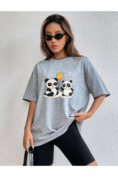 MODARİCH Μπλουζάκι Panda Balloon - Γκρι εμπριμέ Oversize Crew λαιμόκοψη κοντό μανίκι