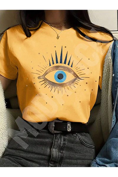 MODARİCH Spiritual Eye T-Shirt - Κίτρινο εμπριμέ Oversize Crew λαιμόκοψη κοντό μανίκι φαρδύ
