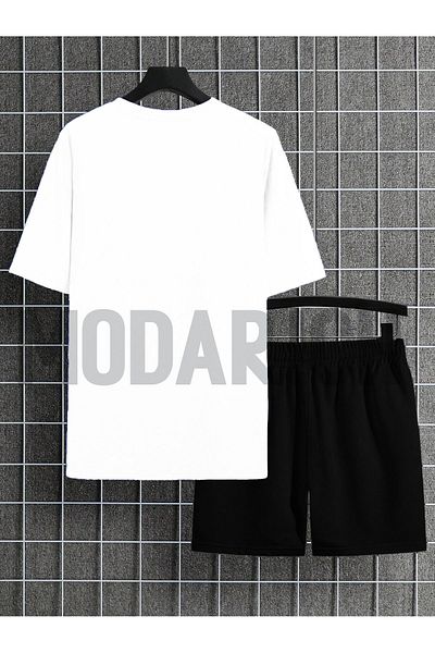 MODARİCH Lucky Deer Horn Λευκό T-Shirt Μαύρο σορτς - Σορτς T-Shirt κάτω επάνω Σετ με στάμπα Crew Neck