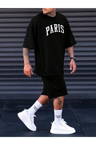 MODARİCH Paris T-Shirt Shorts - Black T-Shirt with Shorts Top and Bottom Set Printed Oversize Crew Neck