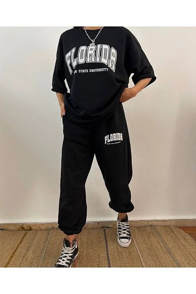 MODARİCH Florida Sweatpants T-shirt - Black Jogger T-Shirt Bottom Top Tracksuit Set Oversize Crew Neck