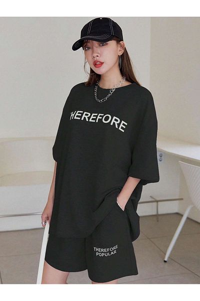MODARİCH Therefore T-Shirt Combed Cotton Shorts - Black Bottom Top Set Printed Oversize Crew Neck
