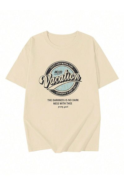 MODARİCH Vacation No 09 Help T-Shirt - Μπεζ εμπριμέ Oversize Crew λαιμόκοψη κοντό μανίκι