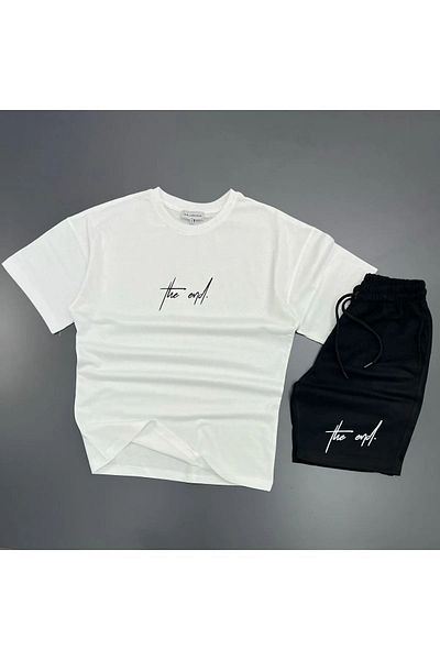 MODARİCH The End White T-shirt Μαύρο χτενισμένο βαμβακερό σορτς - Σορτς T-Shirt κάτω επάνω Σετ με στάμπα Oversize Crew Neck