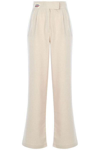 FLAST Women's High Waist Long Wide Leg Linen Beige Fabric Palazzo Trousers with Pockets