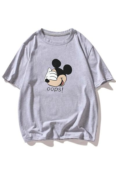 MODARİCH تي شيرت Mickey Oopss - رمادي، مطبوع، رقبة دائرية، مطبوع، كم قصير، صديقها، فضفاض