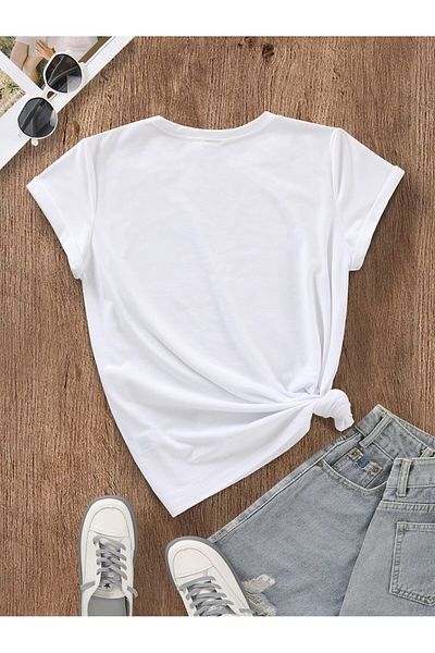 MODARİCH Μπλουζάκι Happy Minimal Oversize Heart - Λευκό εμπριμέ, λαιμόκοψη, κοντό μανίκι