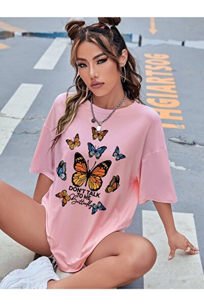 MODARİCH Tricou Dont Talk Butterfly Butterfly - roz, imprimat, decolteu, impr...
