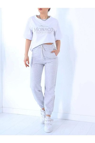 MODARİCH Monaco White T-shirt Grey Sweatpants - Jogger T-Shirt Bottom Top Σετ φόρμας Oversize Crew Neck