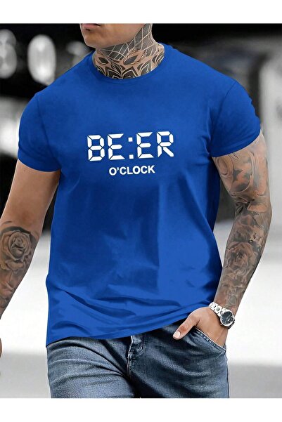 MODARİCH Be:er Clock T-Shirt - Sax Blue Printed Oversize Crew Neck Short Slee...