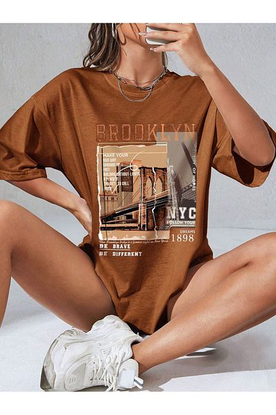 MODARİCH Brooklyn Nyc T-Shirt - Brown Printed Oversize Crew Neck Short Sleeve Loose