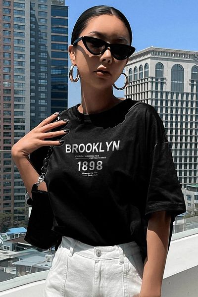MODARİCH Brooklyn 1898 T-shirt -black, Printed, Crew Neck, Printed, Short Sleeve, Boyfriend, Loose